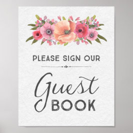 Póster Sinal de Livro de Visitas Floral em Aquarela Rosa 