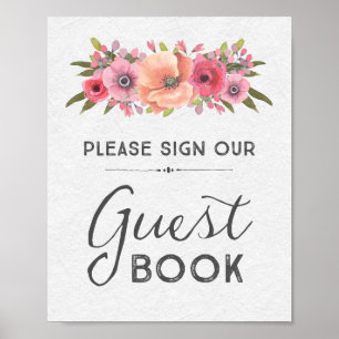 Póster Sinal de Livro de Visitas Floral em Aquarela Rosa