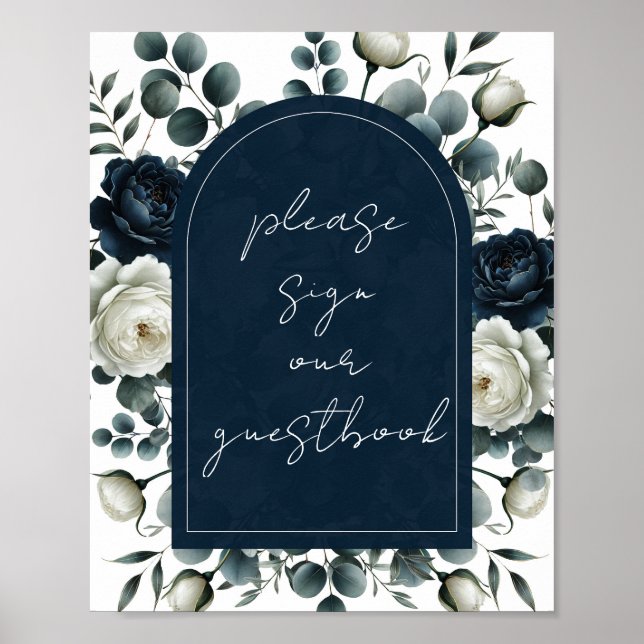 Poster Sinal de Livro de Visitas Floral Moderno Azul Escu (Frente)