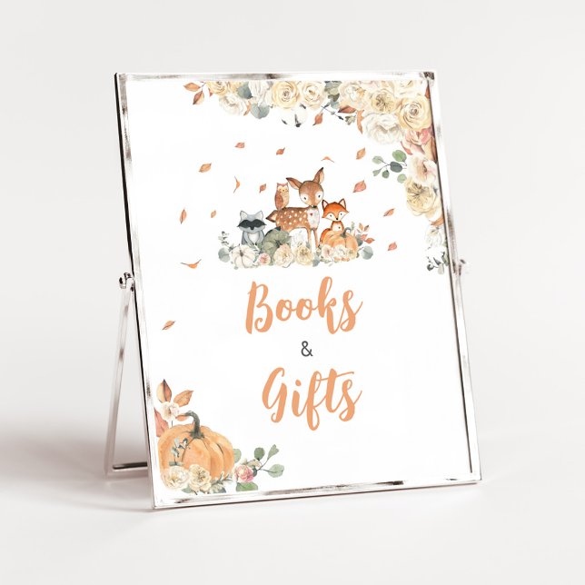 Poster Sinal de Livros e Presentes de Animais Florestais (Floral Woodland Animals Baby Shower Books and Gifts Sign)