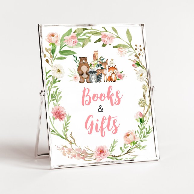 Poster Sinal de Livros e Presentes Floral Rosa da Florest (Girl Woodland Animals Baby Shower Books and Gifts Sign)