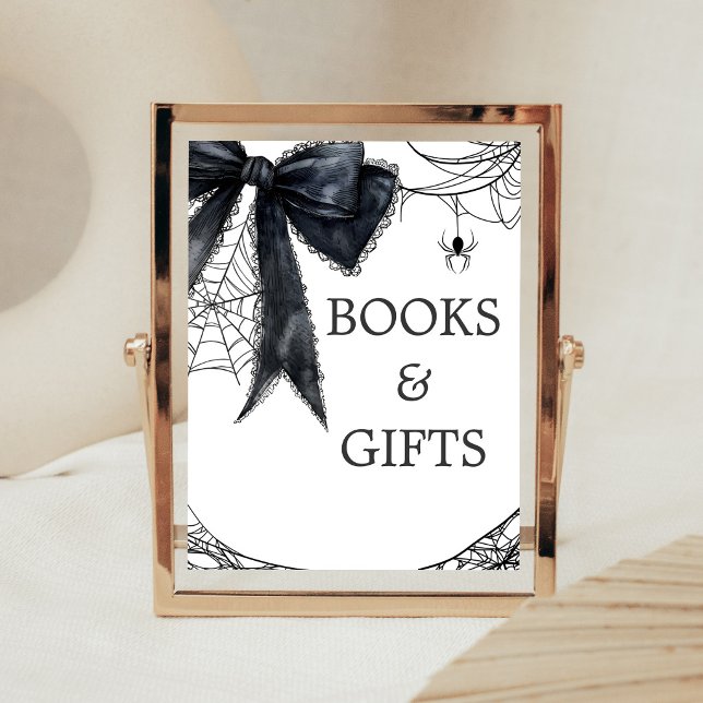 Poster Sinal de Livros e Presentes Góticos Arco Preto Lit (Black Bow Gothic Little Boo Baby Shower Books and Gifts Sign)