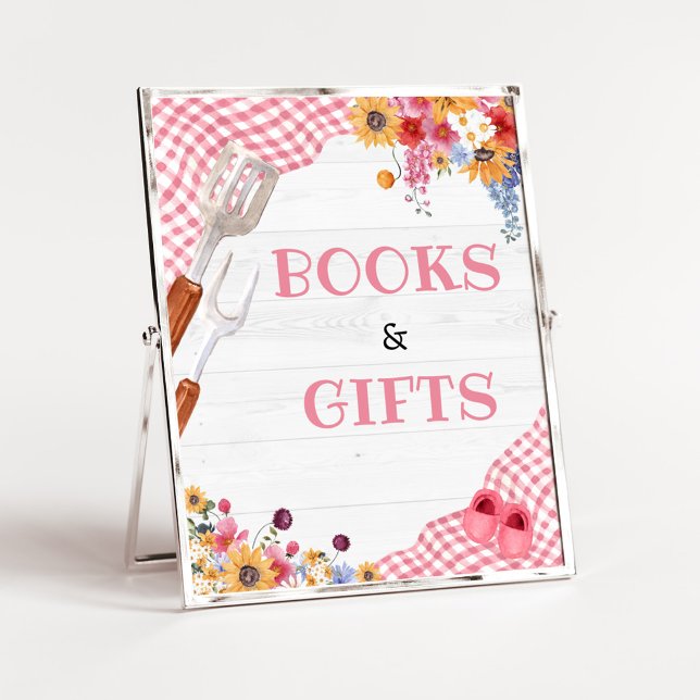 Poster Sinal de Livros e Presentes para Chá de Bebê Churr (Girl Baby-Q Baby Shower Books and Gifts Sign)