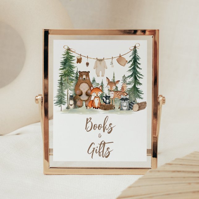 Poster Sinal de Livros e Presentes para Chá de Bebê de An (Woodland Animals Adventure Awaits Rustic Baby Shower Sign)