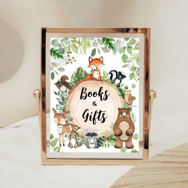 Poster Sinal de Livros e Presentes para Chá de Bebê de An (Wood Slice Woodland Baby Shower Books and Gifts Sign)