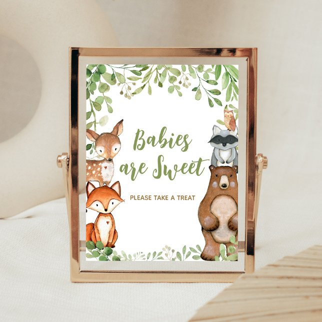 Poster Sinal de Livros e Presentes para Chás de Bebê Flor (Woodland Animals Baby Shower Babies are Sweet Sign)