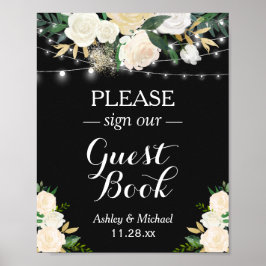 Póster Sinal de Luzes de Corda Floral Branco Chic Assine 