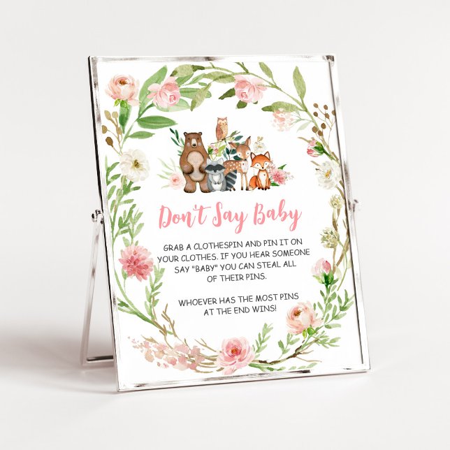 Poster Sinal de Madeira Floral Rosa Não Diga Bebê (Girl Woodland Animals Baby Shower Don't Say Baby Sign)