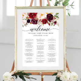 Poster Sinal de Mapa de Assentos de Casamento Burgundy Ma