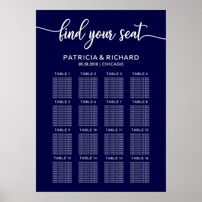 Poster Sinal de Mapa de Assentos de Casamento Chic Azul-N (Frente)
