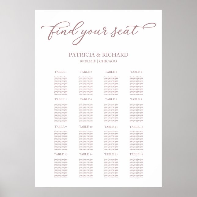 Poster Sinal de Mapa de Assentos de Casamento Chic Rosa D (Frente)