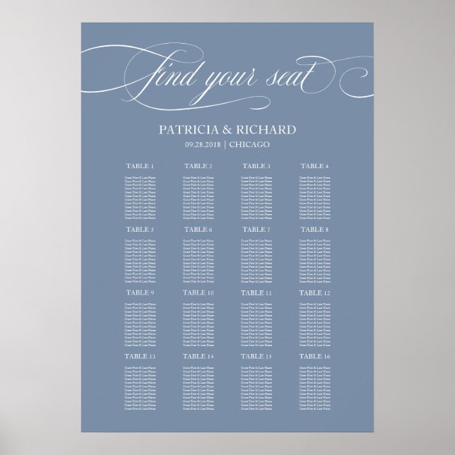 Poster Sinal de Mapa de Assentos de Casamento Elegante Az (Frente)