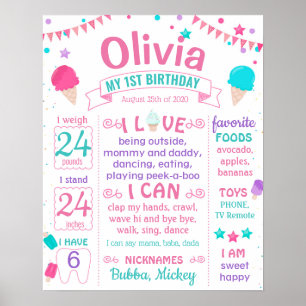 Poster Sinal de marco de 1º aniversário do sorvete