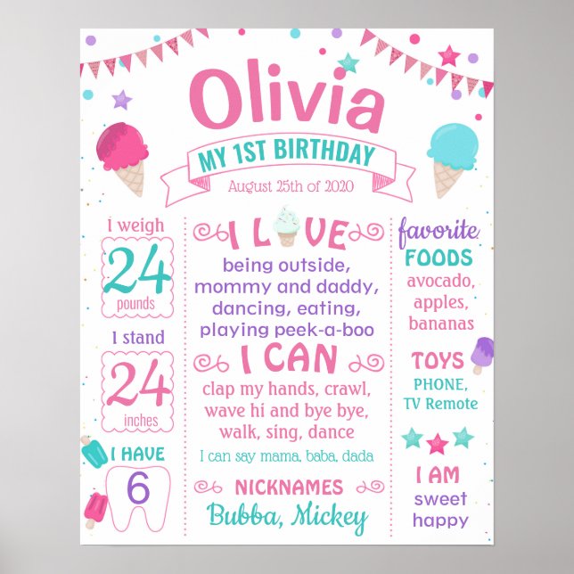 Poster Sinal de marco de 1º aniversário do sorvete (Frente)