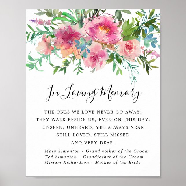 Poster Sinal de Memória de Casamento Floral Peônia Rosa E (Frente)