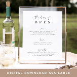 Poster Sinal de menu Bar de casamento de script mínimo<br><div class="desc">Convide seus convidados para pegar uma libação favorita do bar com nosso carinhoso cartaz do cardápio do bar de casamento. O poster 11x14 apresenta "o bar está aberto" em scripts de caligrafia preta nítida e letra de bloco. Personalize com suas seleções de bebidas por baixo.</div>