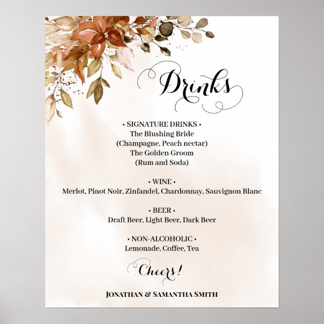 Poster Sinal de menu Bebidas Casamento de outono Eucalypt (Frente)