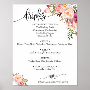 Poster Sinal de menu Bebidas cor-de-rosa de casamento
