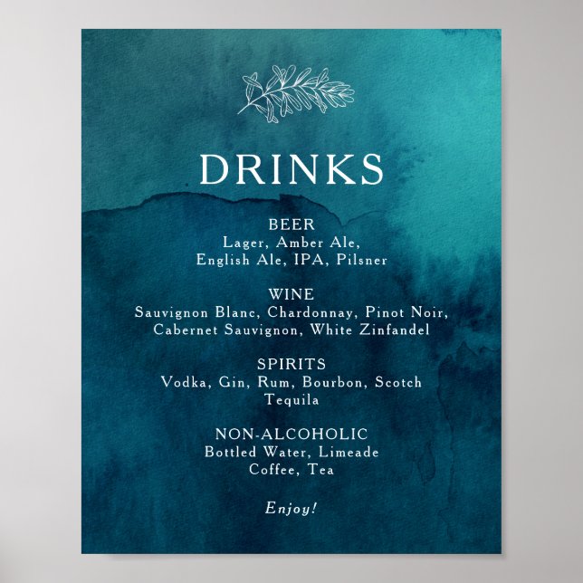 Poster Sinal de Menu Bebidas de Casamento com Aquarela do (Frente)