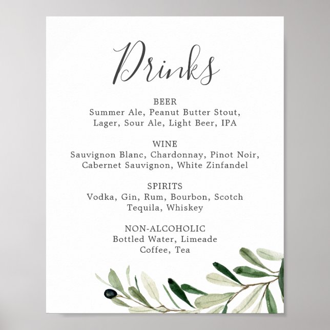 Poster Sinal de Menu Bebidas de Casamento de Branqueament (Frente)