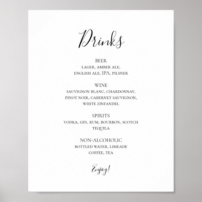 Poster Sinal de Menu Bebidas de Casamento Elegante Simple (Frente)