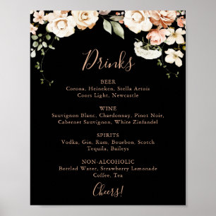 Poster Sinal de Menu Black Formal Royal Floral Weds Bebid