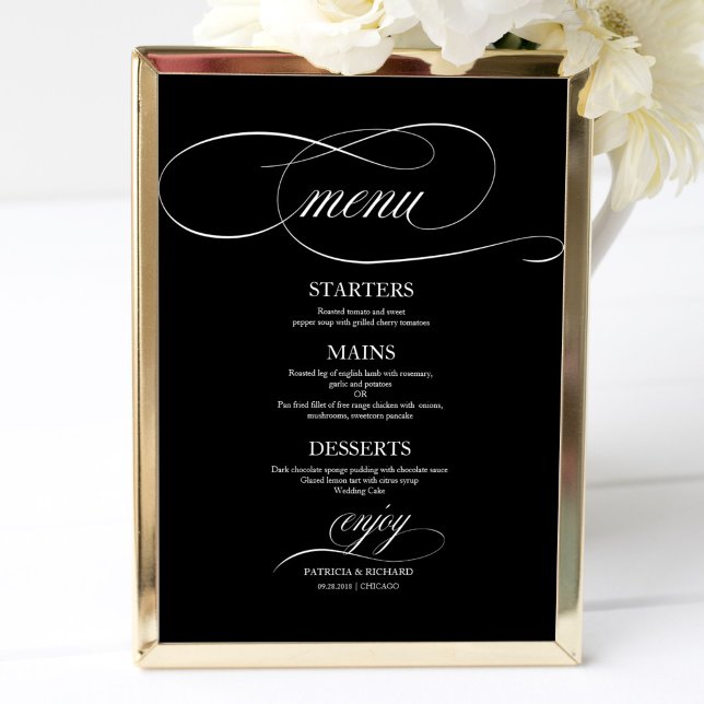 Poster Sinal de Menu Casamento Chic Black and White (Criador carregado)
