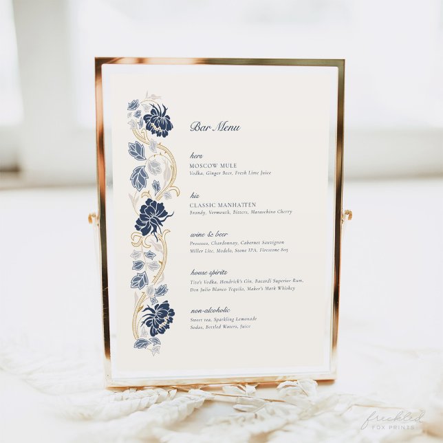 Poster Sinal de Menu de Bar Art Nouveau Azul Naval Dourad (Navy Blue and Gold Art Nouveau Bar Menu Sign)