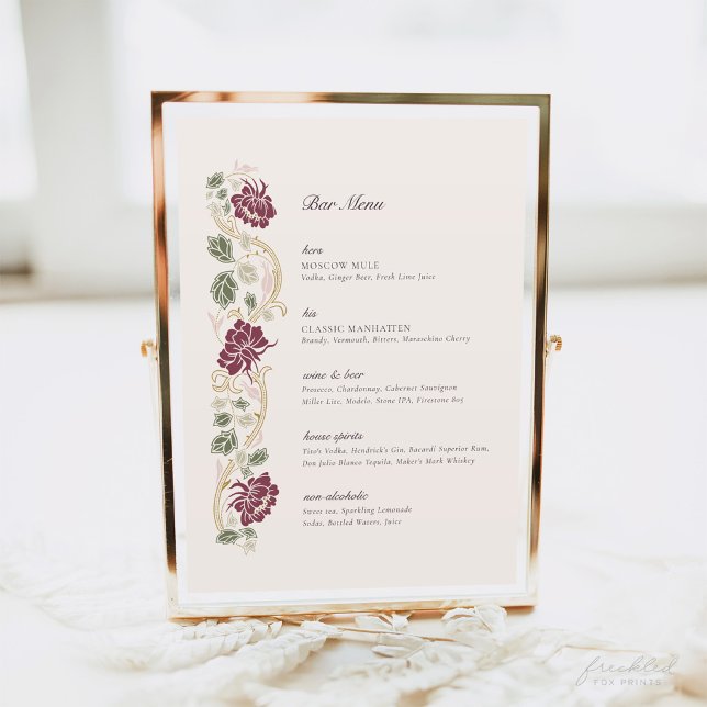 Poster Sinal de Menu de Bar Art Nouveau Floral Borgonha (Burgundy floral Art Nouveau Bar Menu sign)
