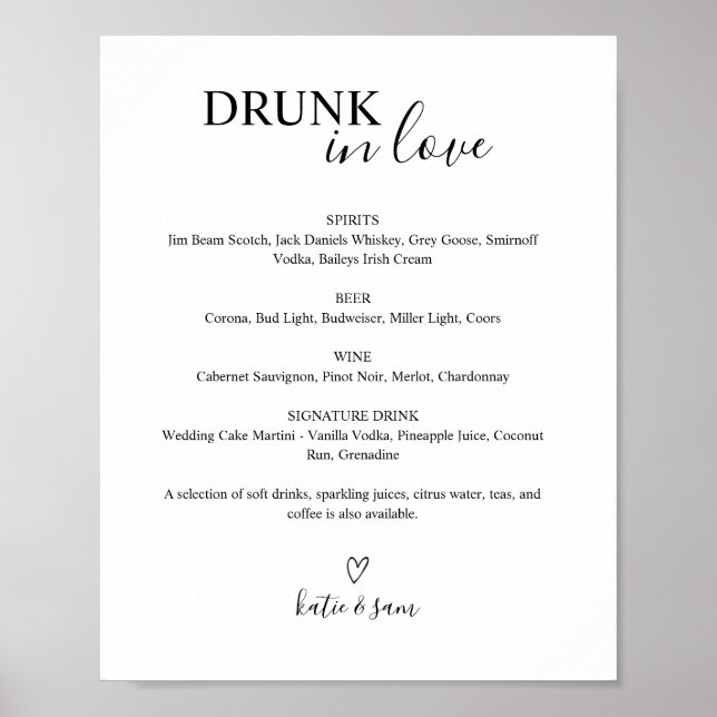 Poster Sinal de Menu de Bar de Casamento Bebado de Amor I (Frente)