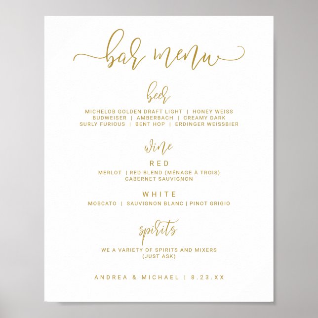 Poster Sinal de Menu de Bar de Casamento - Bounce Script  (Frente)