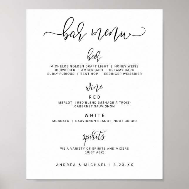 Poster Sinal de Menu de Bar de Casamento - Caligrafia Bou (Frente)