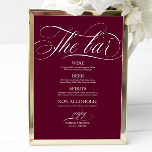Poster Sinal de Menu de Bar de Casamento Chic Burgundy Ma