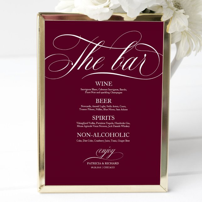 Poster Sinal de Menu de Bar de Casamento Chic Burgundy Ma (Criador carregado)