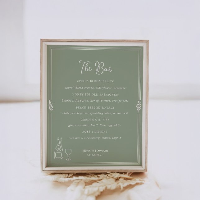 Poster Sinal de Menu de Bar de Casamento em Azeitona Verd (Criador carregado)