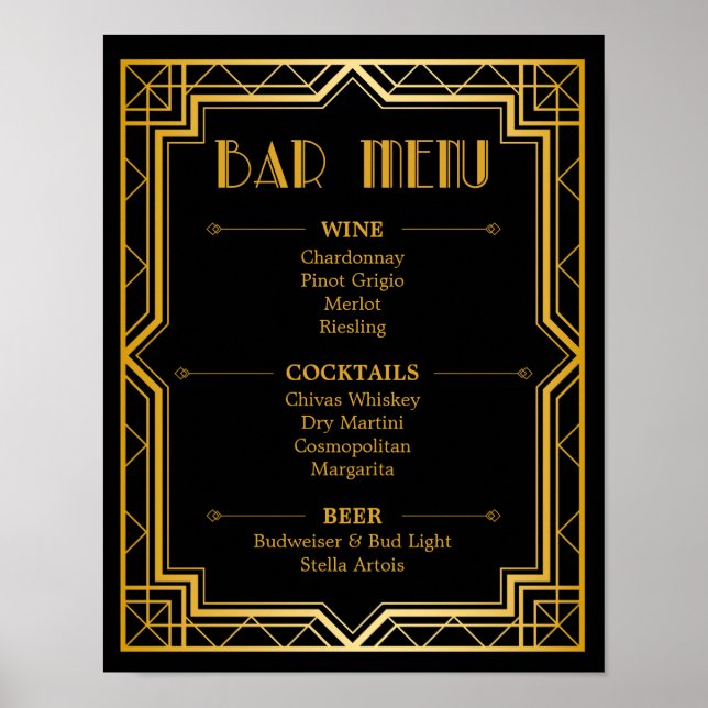 Poster Sinal de Menu de Bar de Casamento | Gatsby Art Déc (Frente)