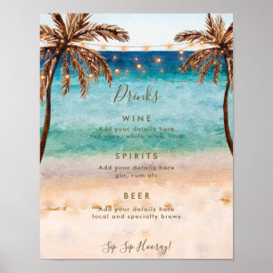 Poster sinal de menu de bar de casamento na praia tropica
