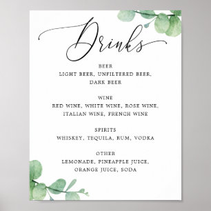 Poster Sinal de Menu de Bar de Eucalipto Bebidas de Cas
