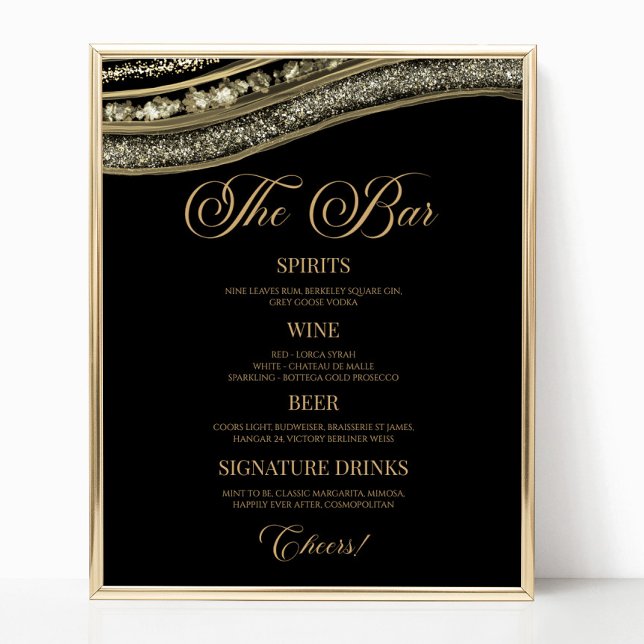 Poster Sinal de Menu de Bar de Festa em Ágata Preta Elega (Criador carregado)