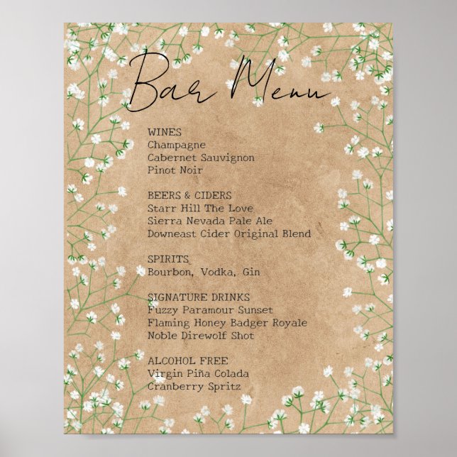 Poster Sinal de Menu de Bar de Noiva Floral Rustico Respi (Frente)