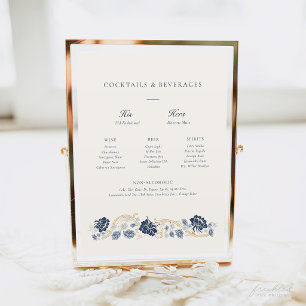 Poster Sinal de Menu de Bar em Arte Nova Floral Azul Mari