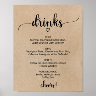 Poster Sinal de Menu de Bebidas com Caligrafia Kraft Fals