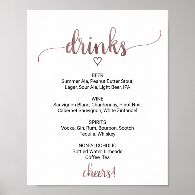 Poster Sinal de Menu de Bebidas de Caligrafia em Dourado  (Frente)