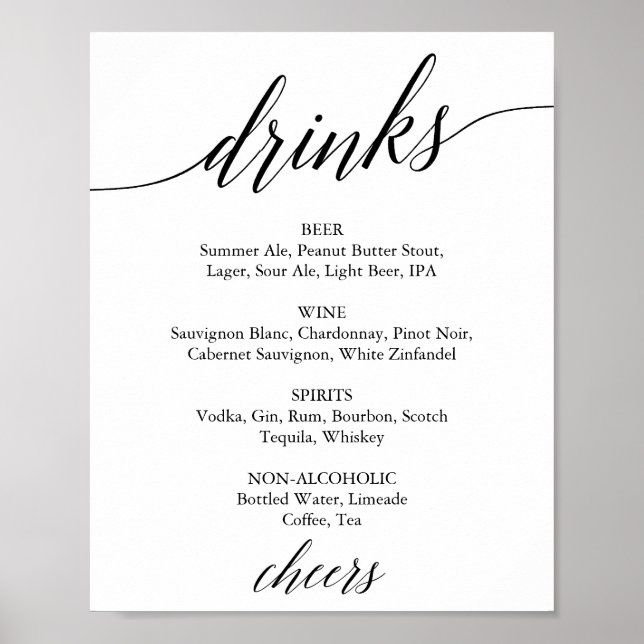 Poster Sinal de Menu de Bebidas de Caligrafia Preta Elega (Frente)