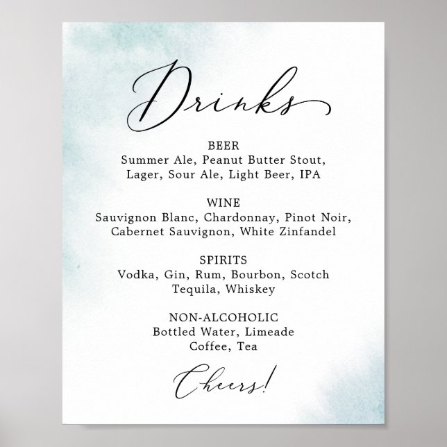 Poster Sinal de Menu de Bebidas de Casamento Azul | Aguar (Frente)