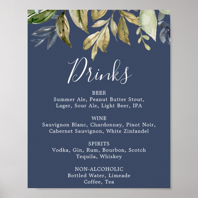Poster Sinal de Menu de Bebidas de Casamento Azul Marinho (Frente)