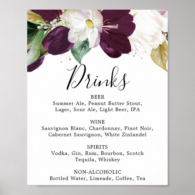 Poster Sinal de Menu de Bebidas de Casamento Blooms Roxo  (Frente)
