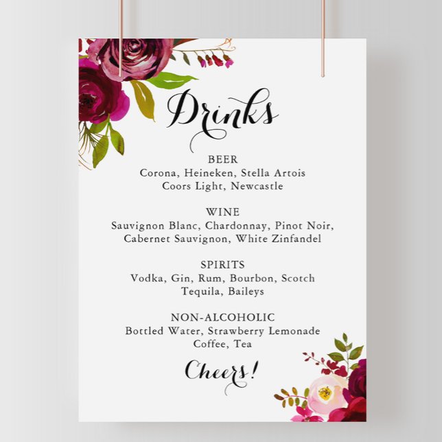 Poster Sinal de Menu de Bebidas de Casamento Burgundy Blu (Criador carregado)