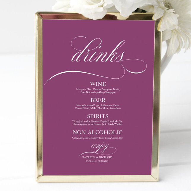 Poster Sinal de Menu de Bebidas de Casamento Chic Pink Ca (Criador carregado)