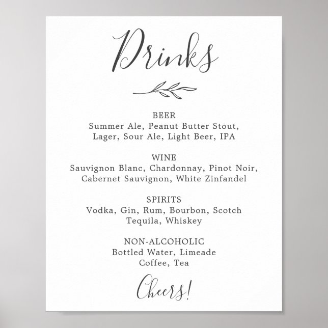 Poster Sinal de Menu de Bebidas de Casamento Cinza Escuro (Frente)